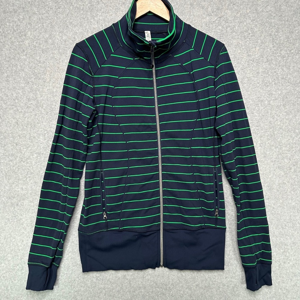 Lululemon Define Jacket Size 10 Navy Blue Green Striped Full Zip Thumbholes